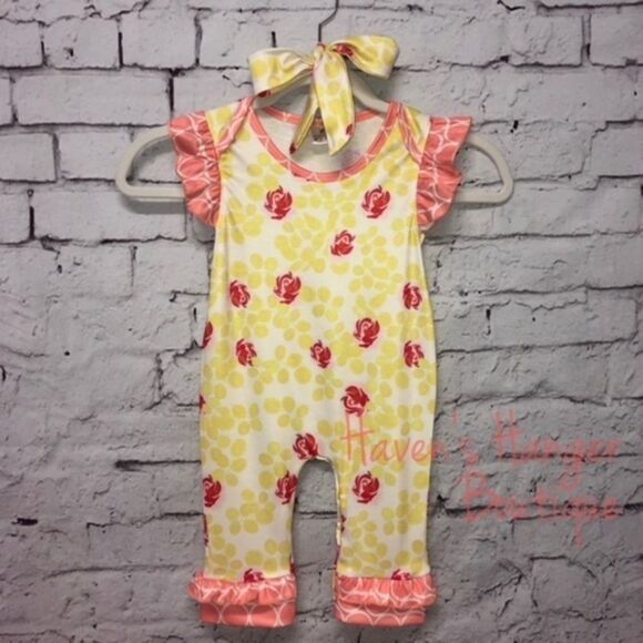 2pc. Roses & Leaves Baby Girl Romper with headband - Picture 3 of 7